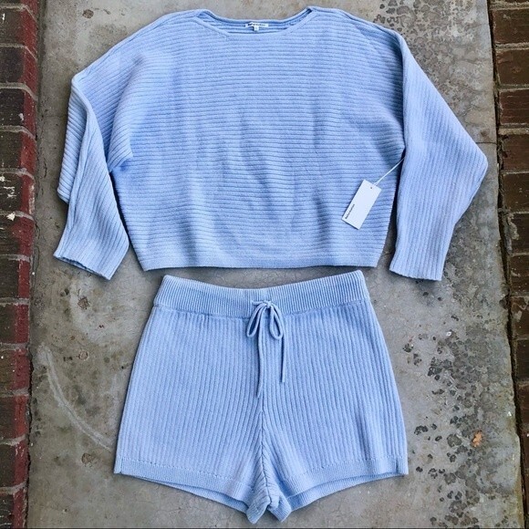 NWT Reformation Cort Short Sweater Set Ribbed Knit sky blue Cotton XL - Picture 4 of 7